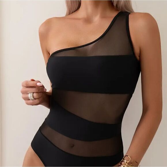 Elegant Black One Shoulder Swimsuit with Contrast Mesh High Elasticity - Picture 3 of 16